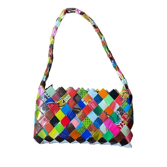 Colorful Candy Wrapper Woven Purse | Eco-Friendly Handmade Shoulder Bag - Picture 1 of 13